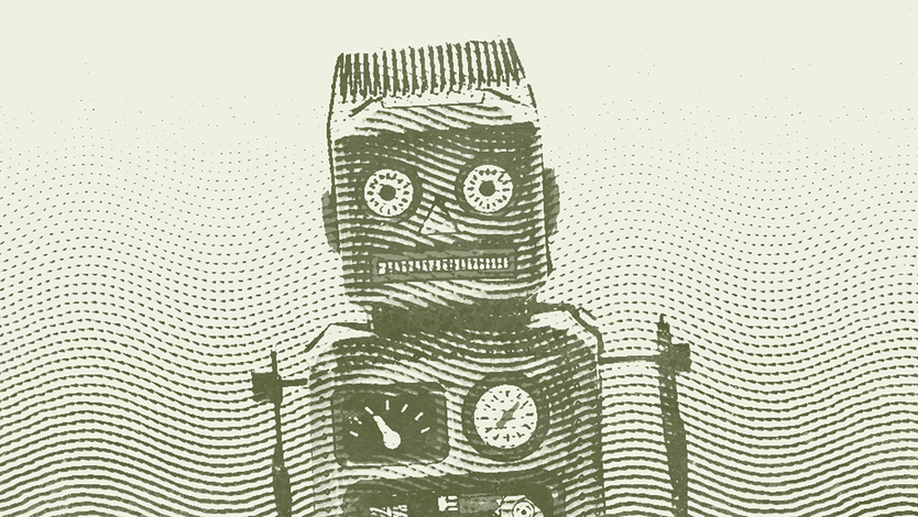 Roboter auf gelbem Untergrund, er soll die KI Automatisierung im Finanzbereich symbolosieren